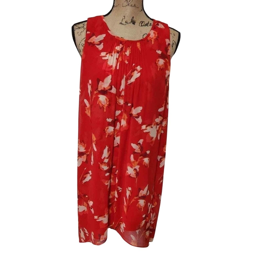 Halston Red Floral Sleeveless‎ High-Low Shift Dress Womens Size Small Petite